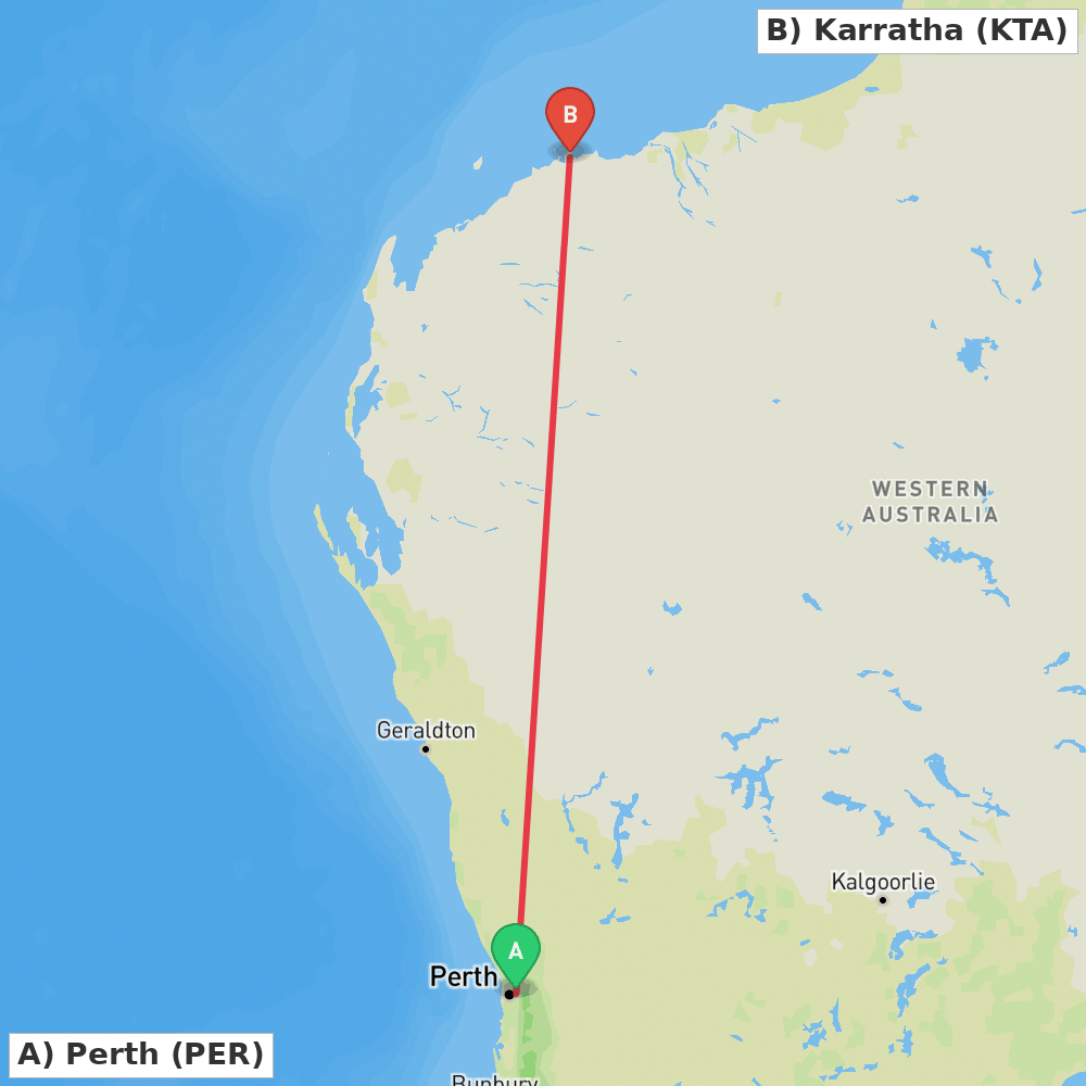 Flight route map from Perth to Karratha