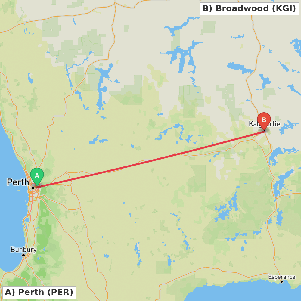 Flight route map from Perth to Broadwood
