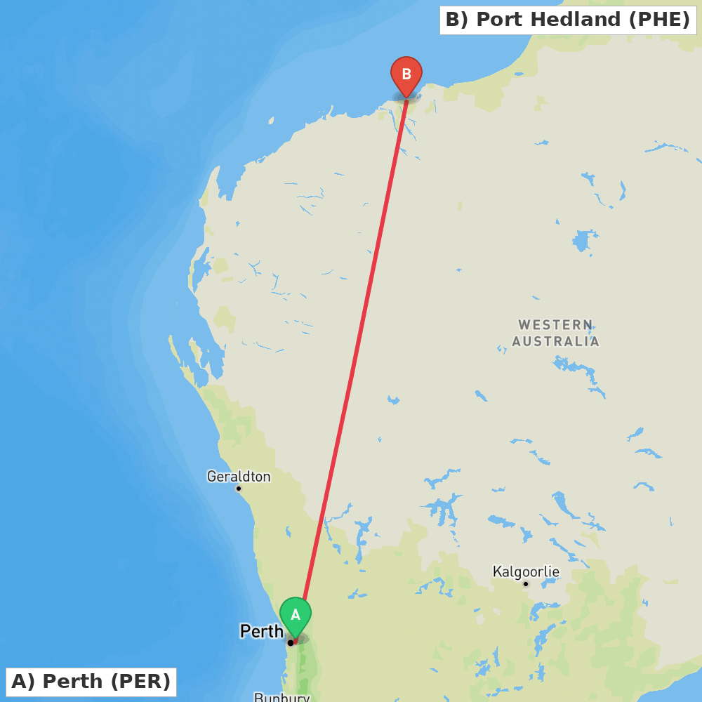 Flight route map from Perth to Port Hedland