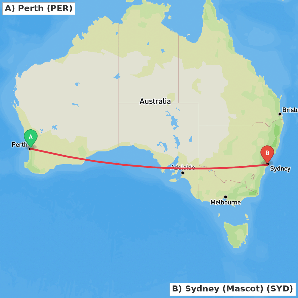 Flight route map from Perth to Sydney (Mascot)