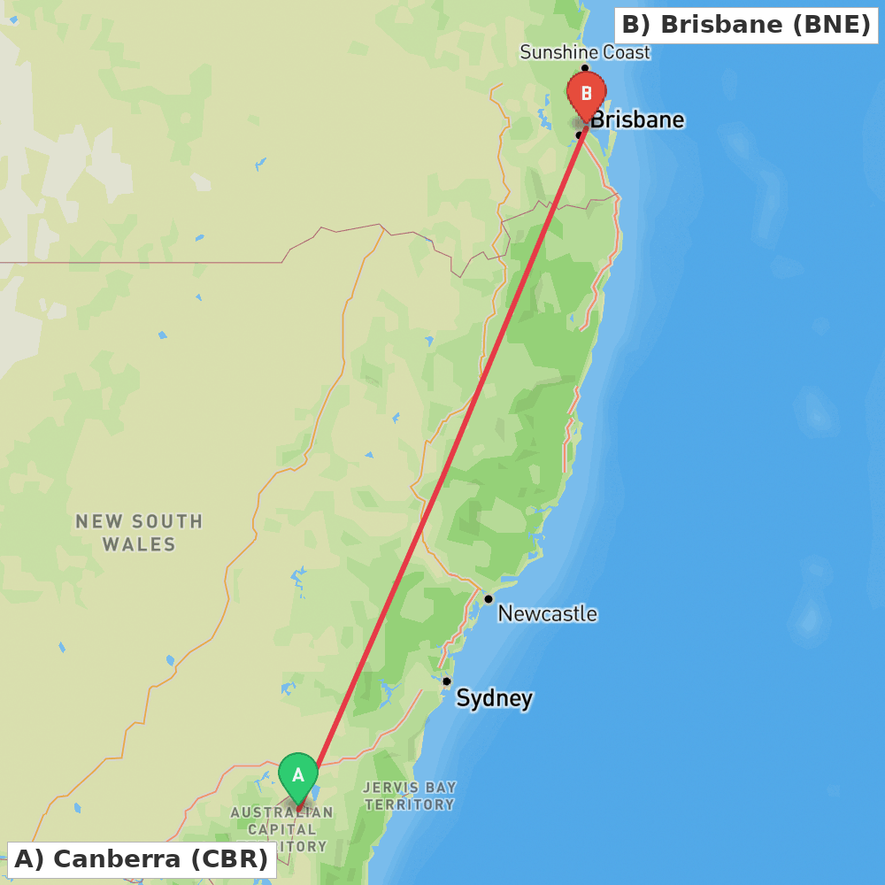 Flight route map from Canberra to Brisbane