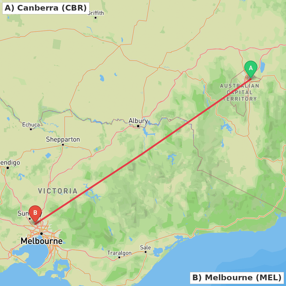 Flight route map from Canberra to Melbourne