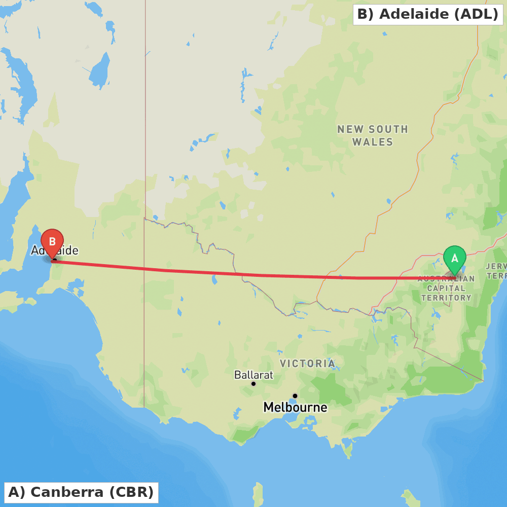 Flight route map from Canberra to Adelaide
