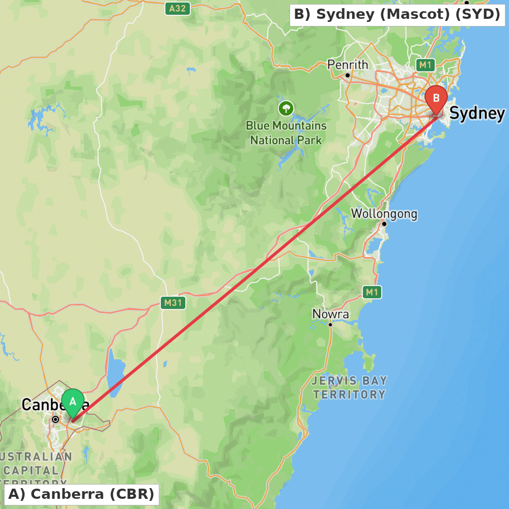 Flight route map from Canberra to Sydney (Mascot)