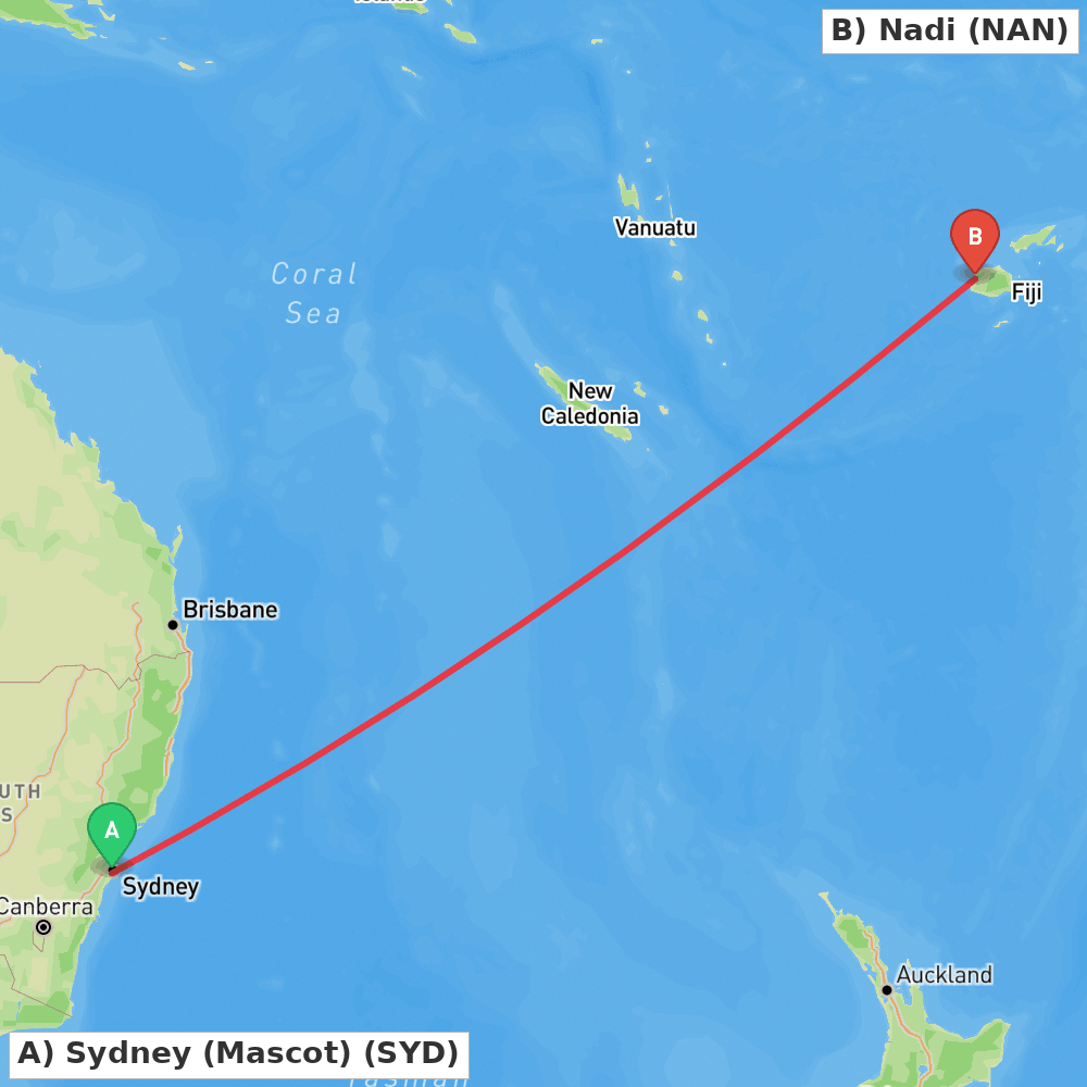 Flight route map from Sydney (Mascot) to Nadi