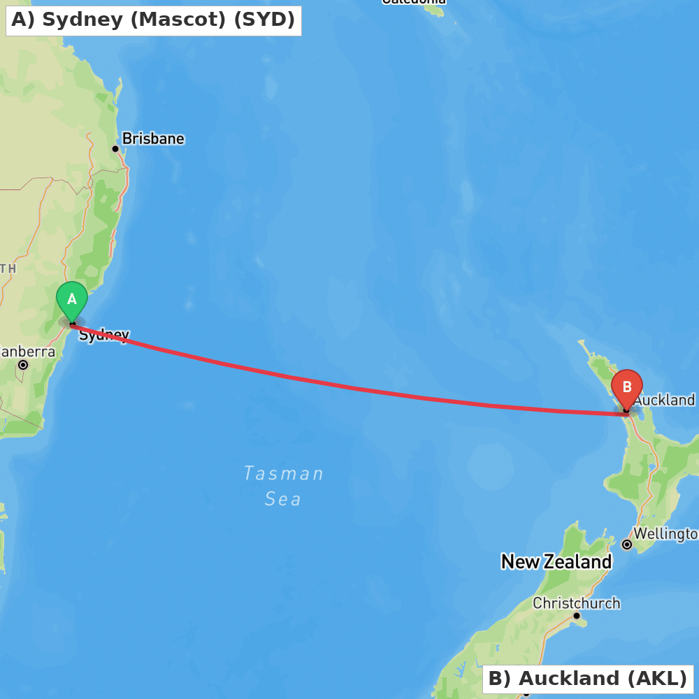 Flight route map from Sydney (Mascot) to Auckland