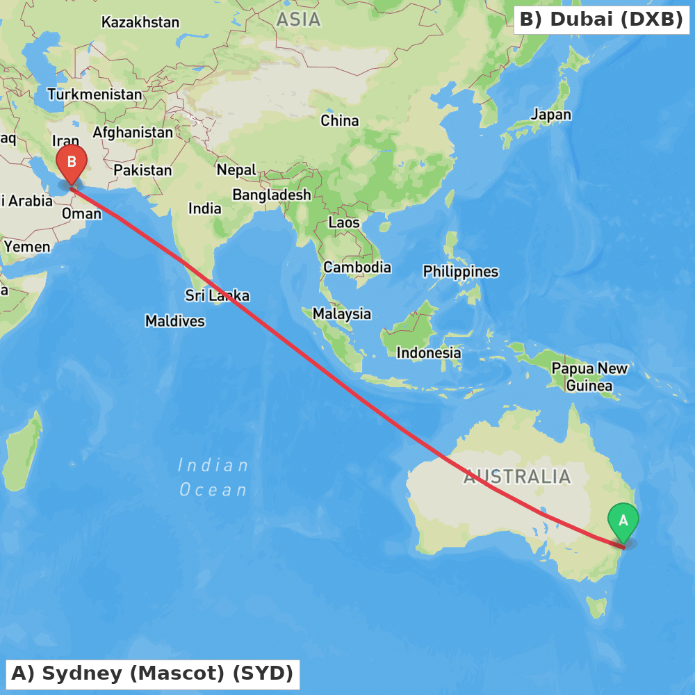 Flight route map from Sydney (Mascot) to Dubai