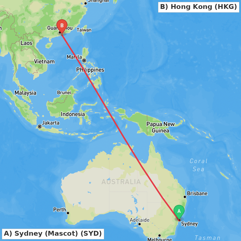 Flight route map from Sydney (Mascot) to Hong Kong