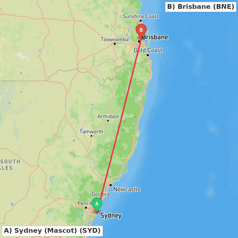 Flight route map from Sydney (Mascot) to Brisbane