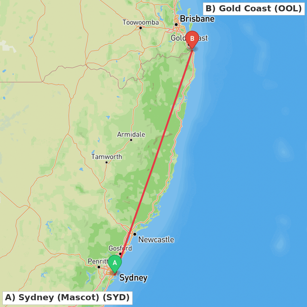 Flight route map from Sydney (Mascot) to Gold Coast