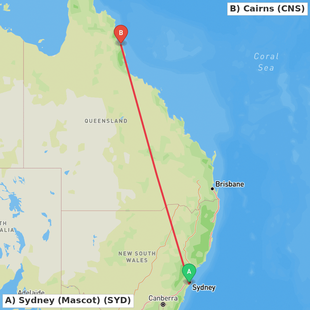 Flight route map from Sydney (Mascot) to Cairns
