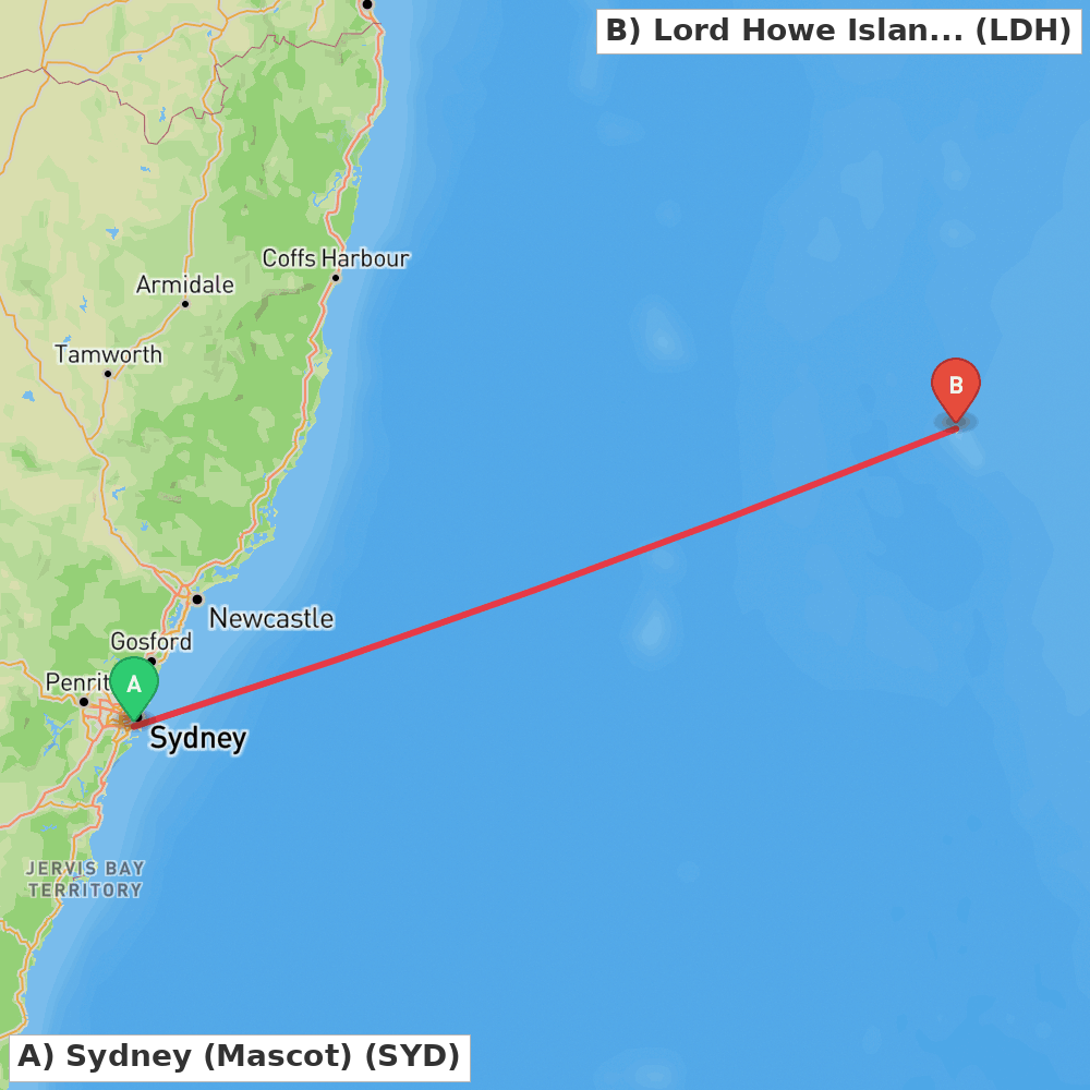 Flight route map from Sydney (Mascot) to Lord Howe Island