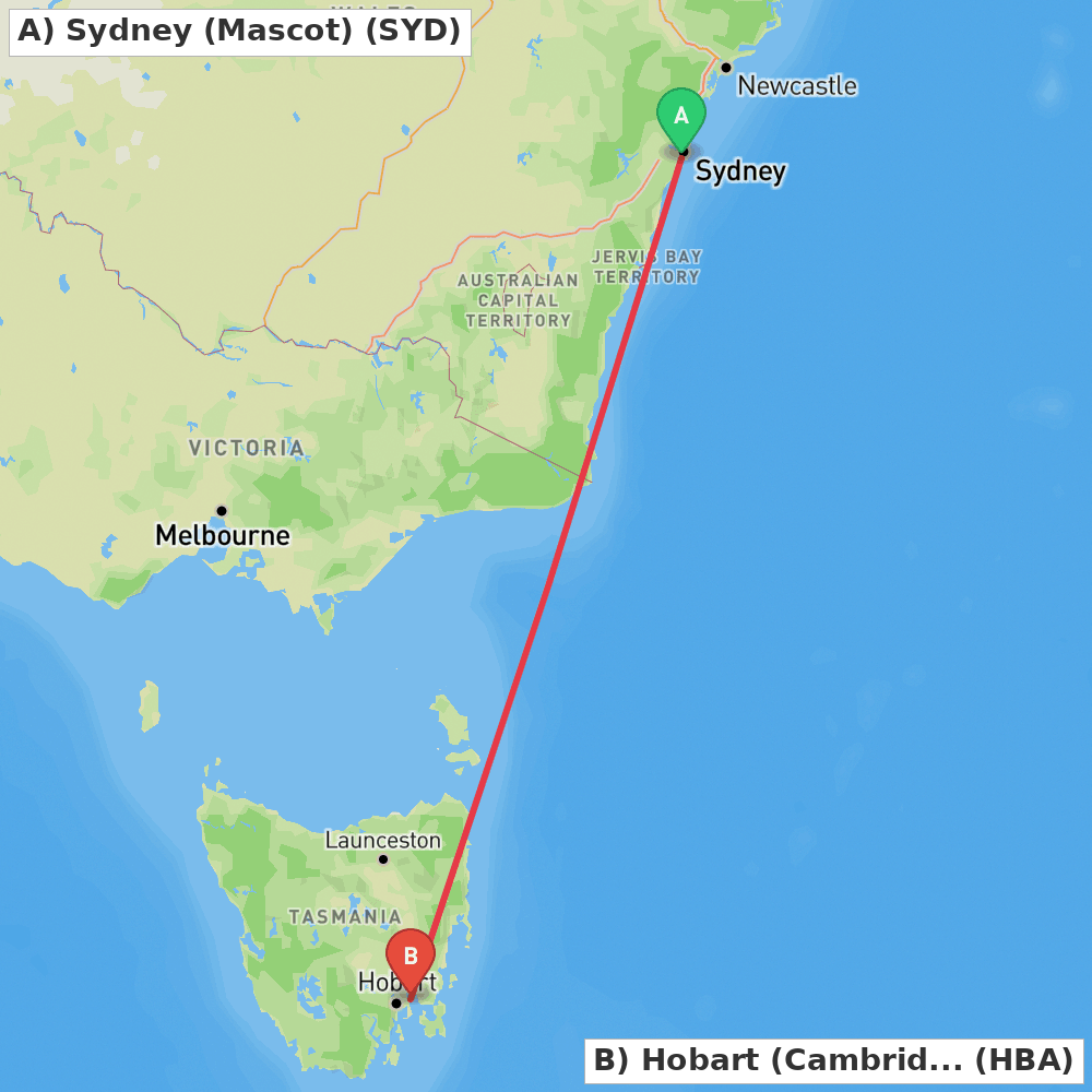 Flight route map from Sydney (Mascot) to Hobart (Cambridge)