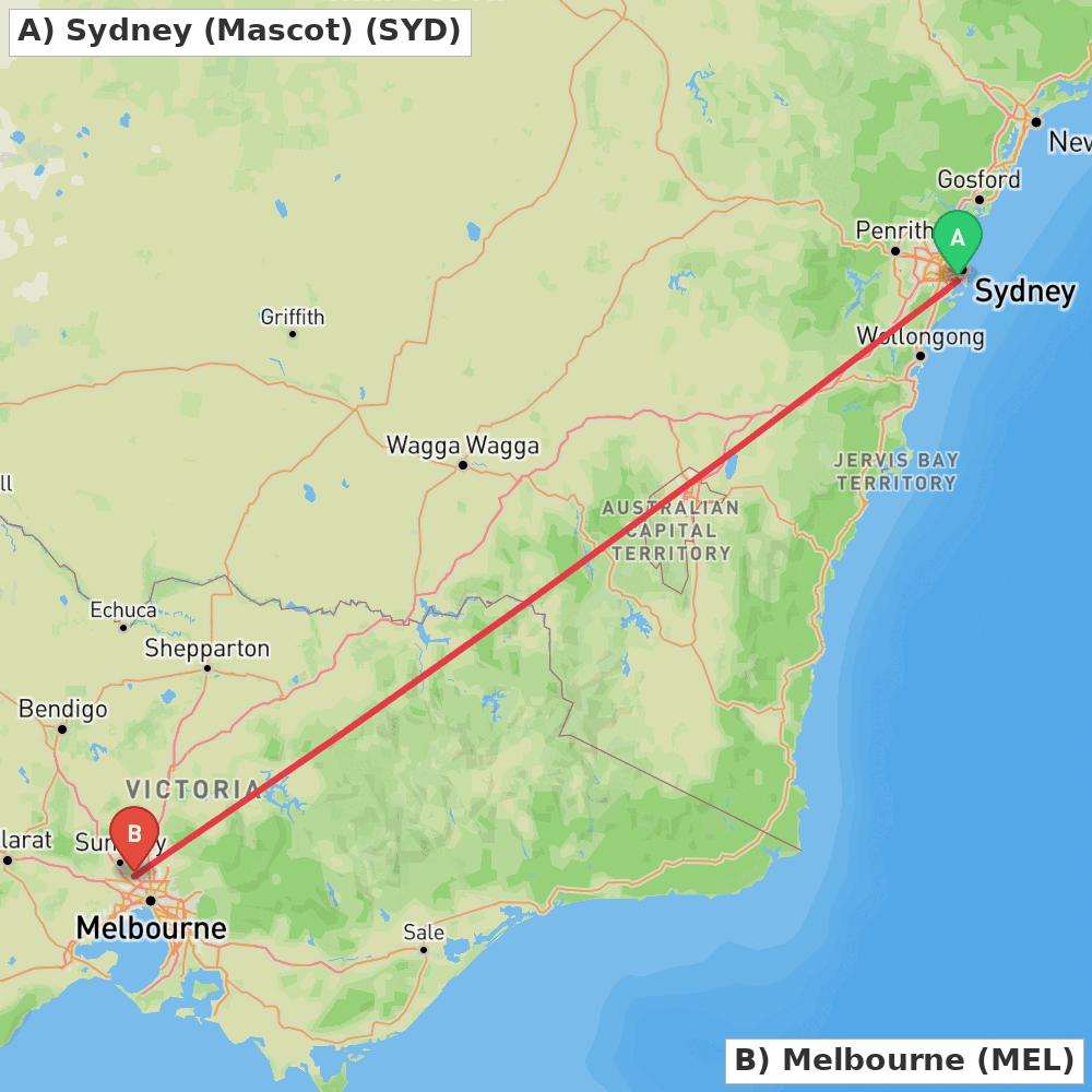 Flight route map from Sydney (Mascot) to Melbourne