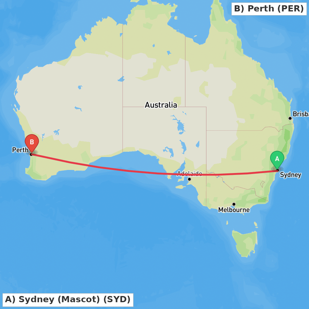 Flight route map from Sydney (Mascot) to Perth