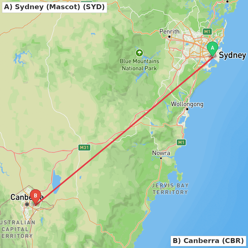 Flight route map from Sydney (Mascot) to Canberra