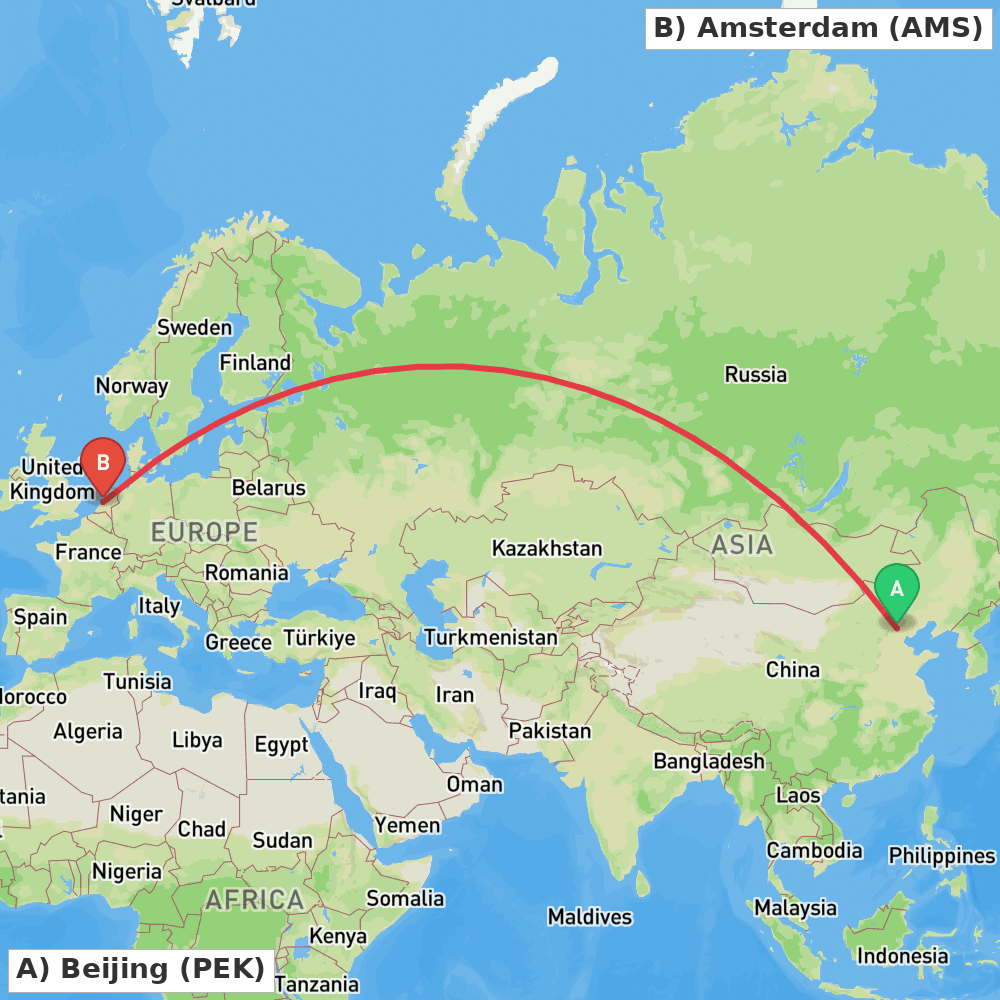 Flight route map from Beijing to Amsterdam