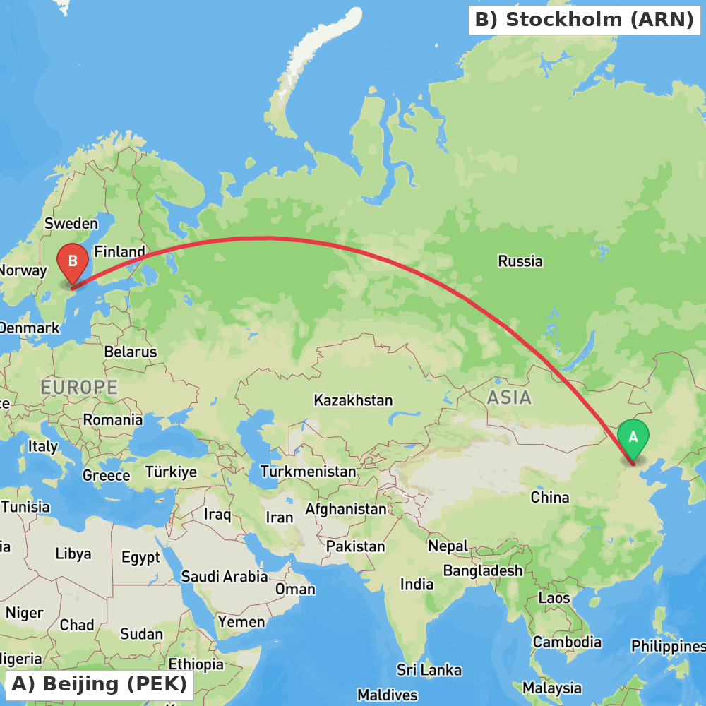 Flight route map from Beijing to Stockholm