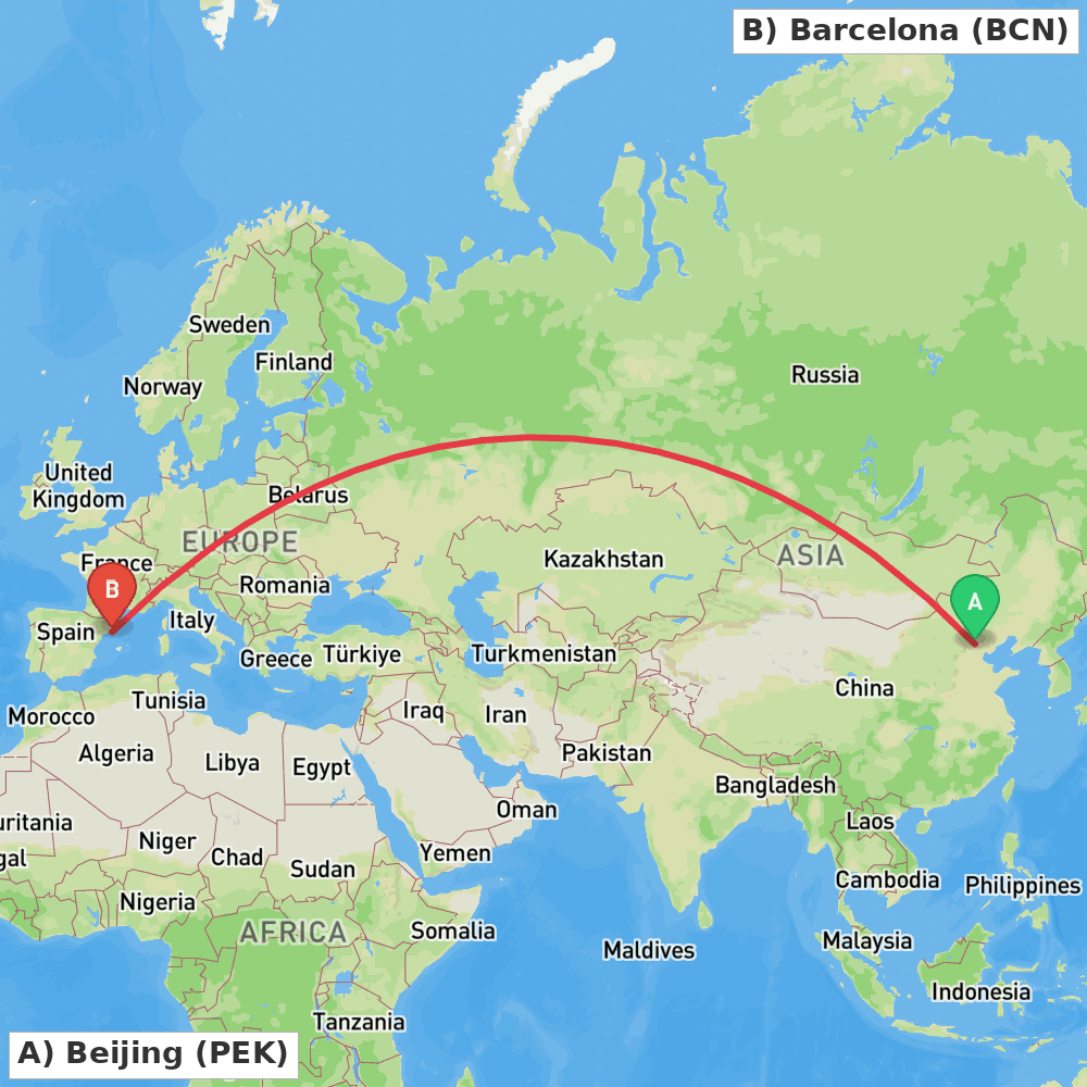 Flight route map from Beijing to Barcelona