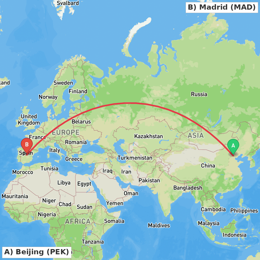 Flight route map from Beijing to Madrid