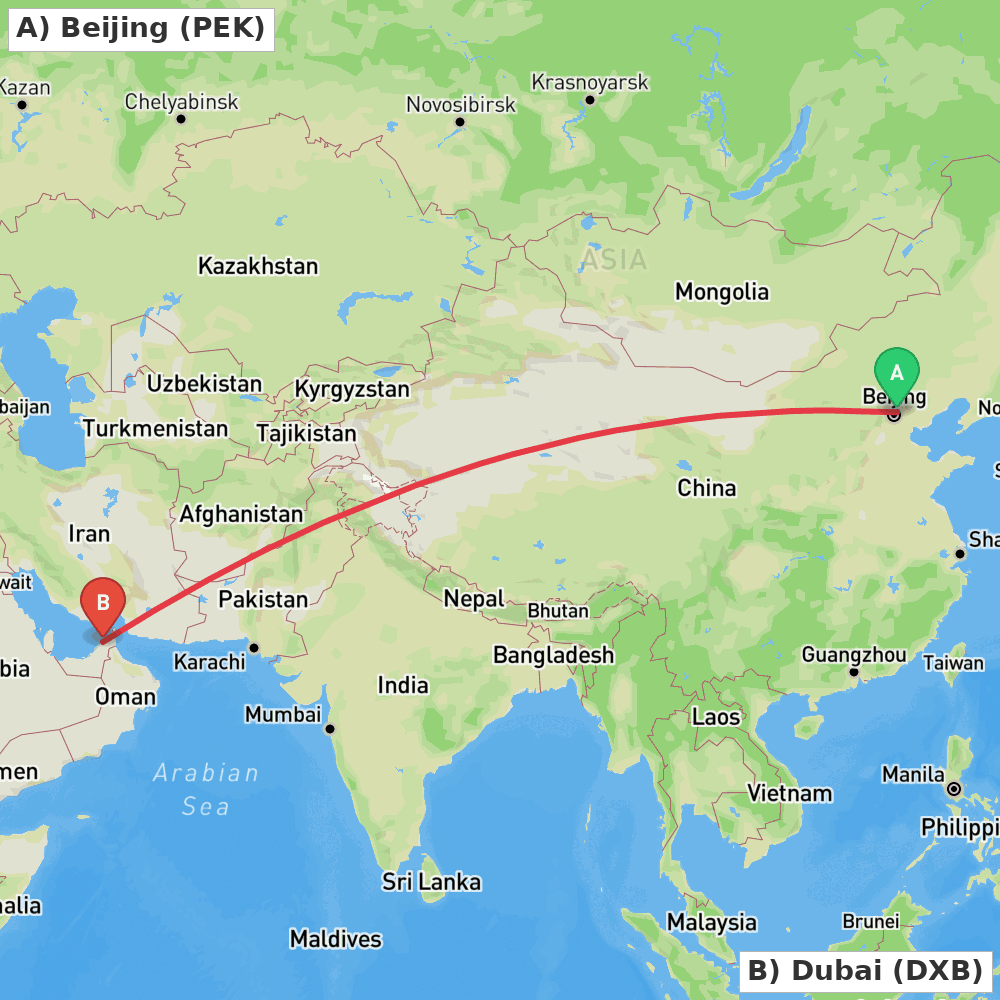 Flight route map from Beijing to Dubai
