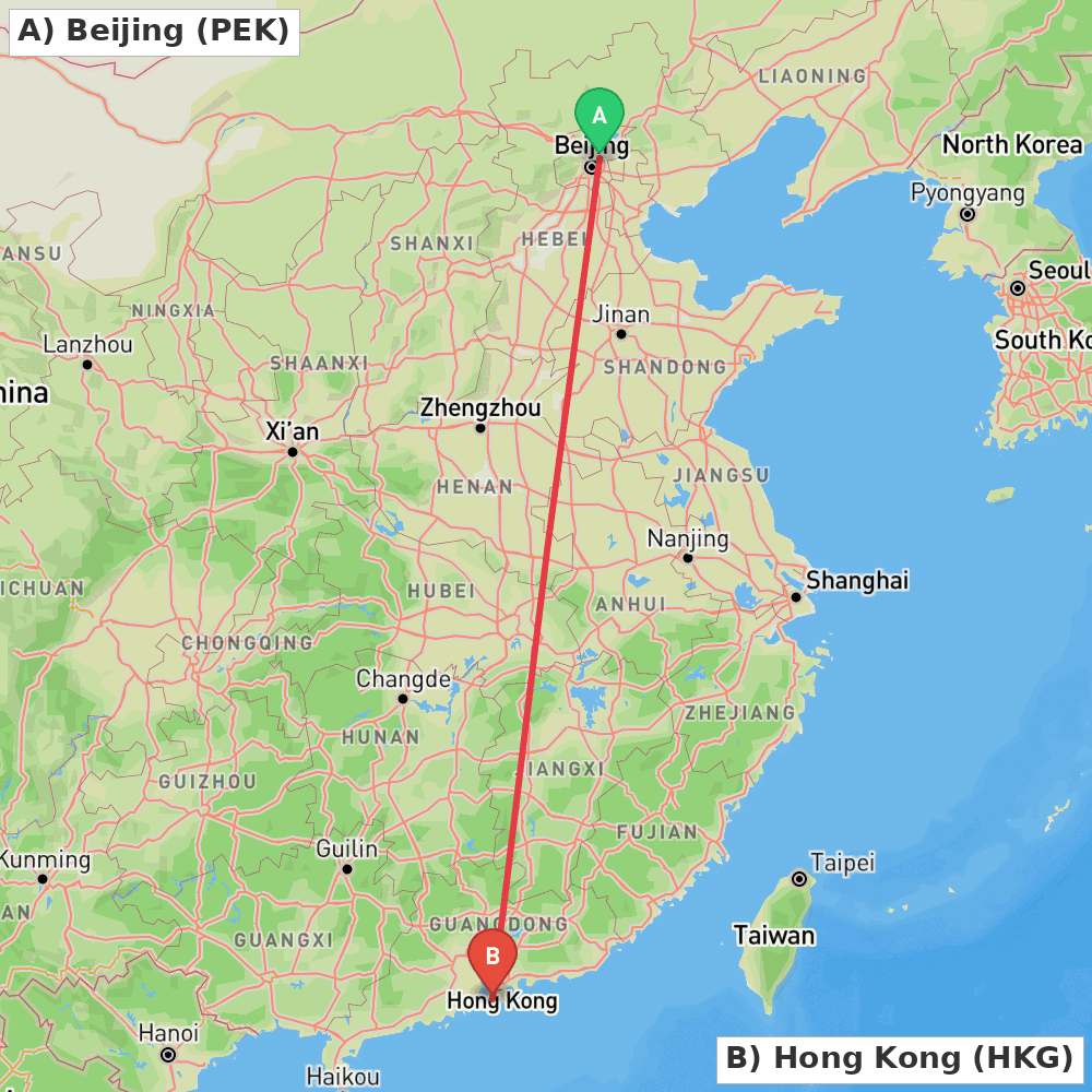 Flight route map from Beijing to Hong Kong