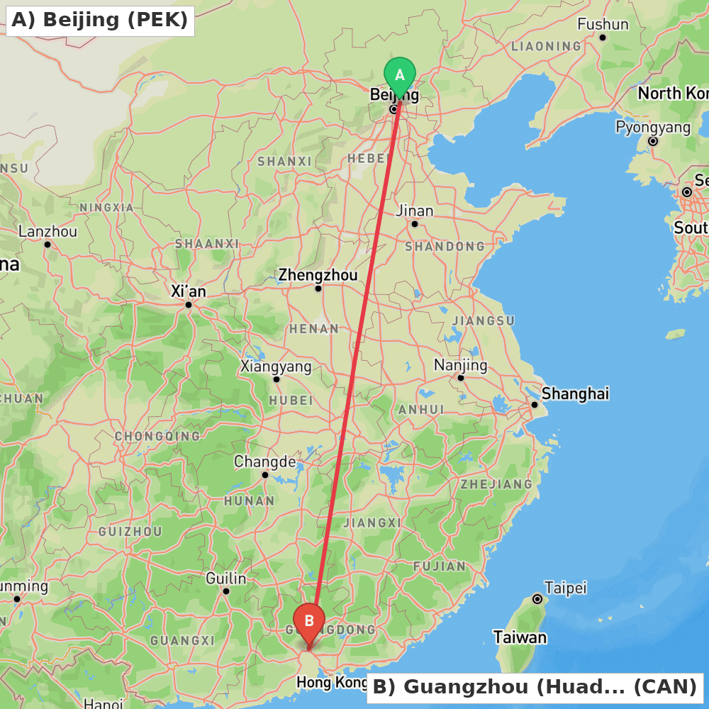 Flight route map from Beijing to Guangzhou (Huadu)