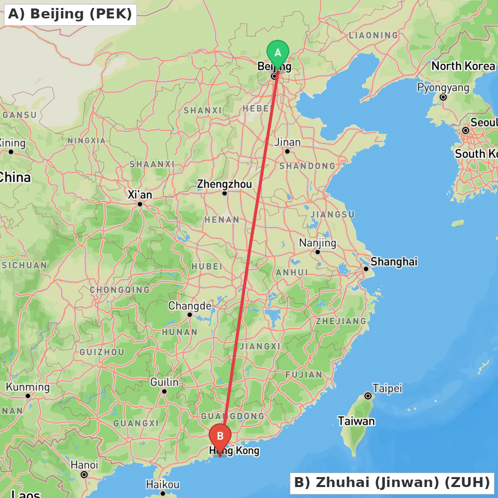 Flight route map from Beijing to Zhuhai (Jinwan)