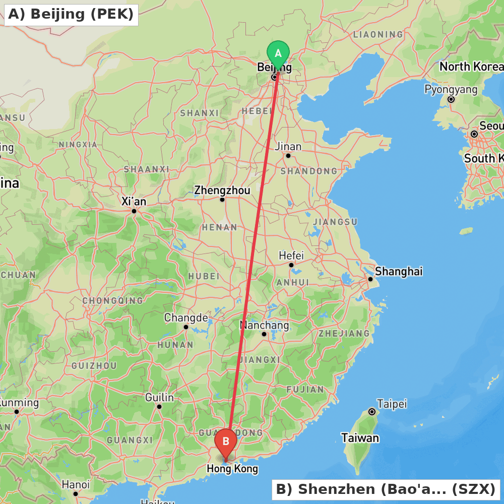 Flight route map from Beijing to Shenzhen (Bao'an)