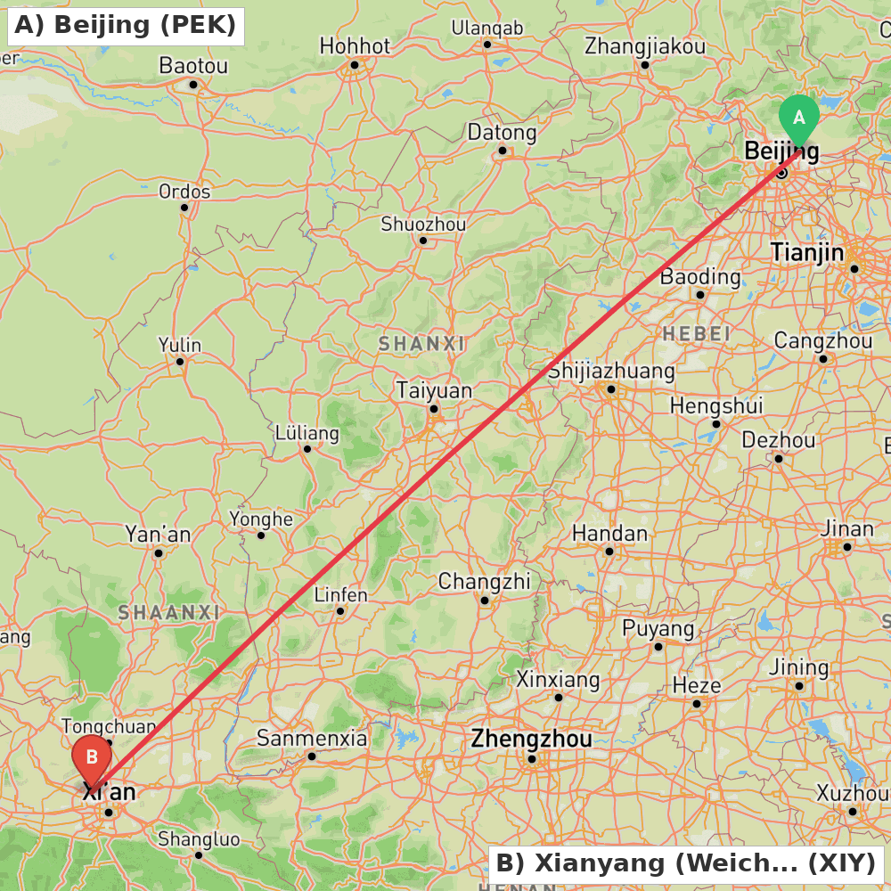 Flight route map from Beijing to Xianyang (Weicheng)