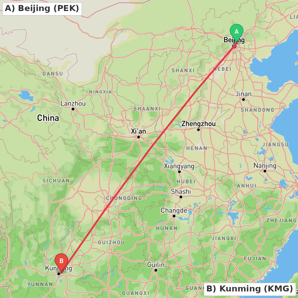 Flight route map from Beijing to Kunming