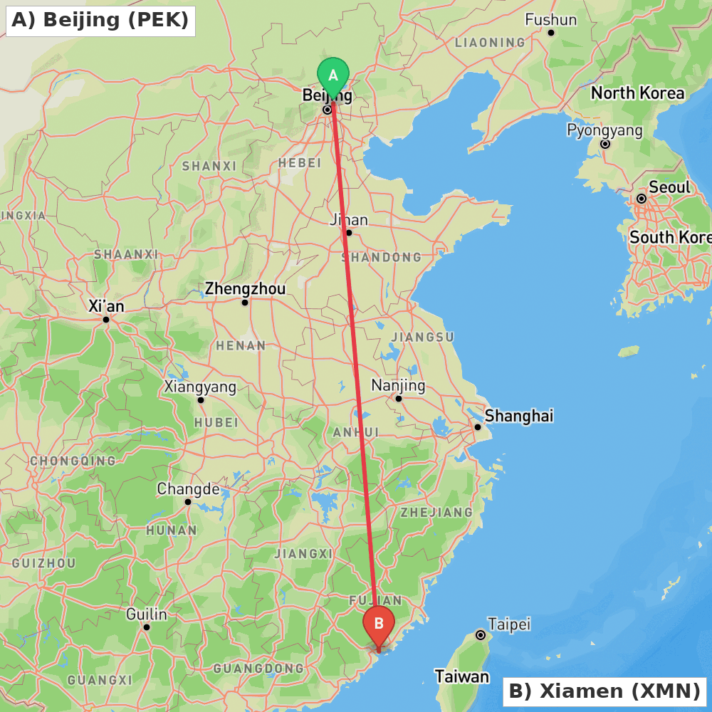 Flight route map from Beijing to Xiamen