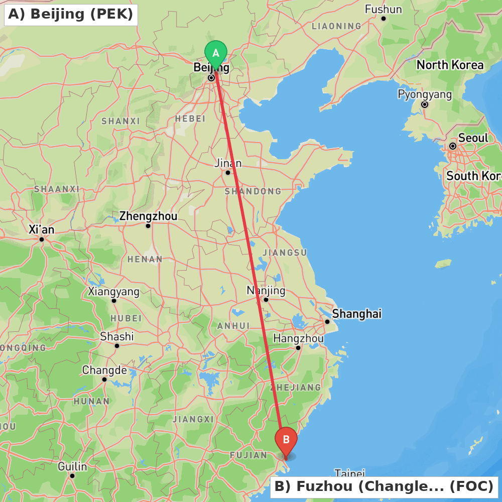Flight route map from Beijing to Fuzhou (Changle)