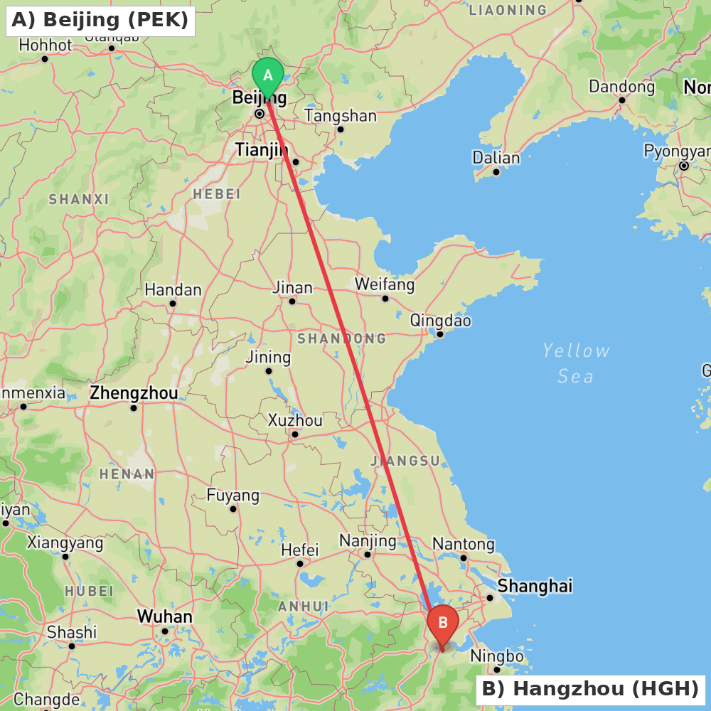 Flight route map from Beijing to Hangzhou