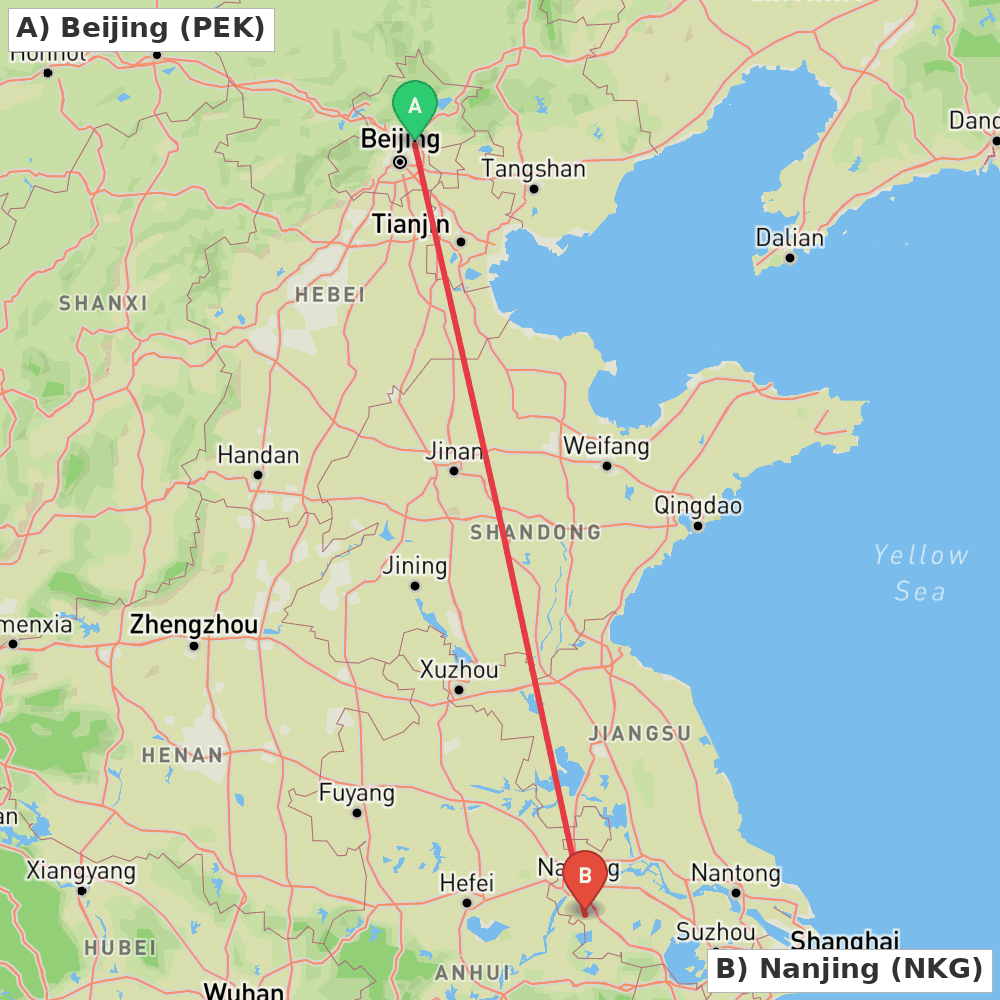 Flight route map from Beijing to Nanjing