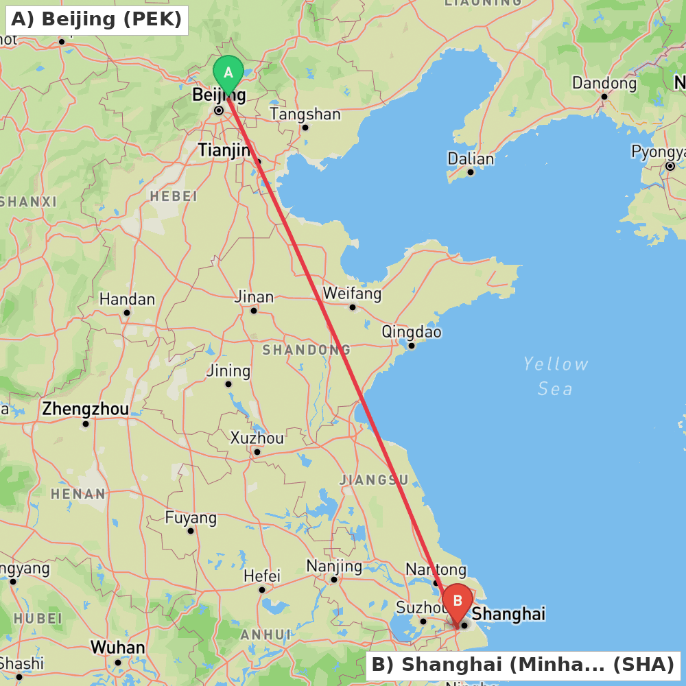 Flight route map from Beijing to Shanghai (Minhang)
