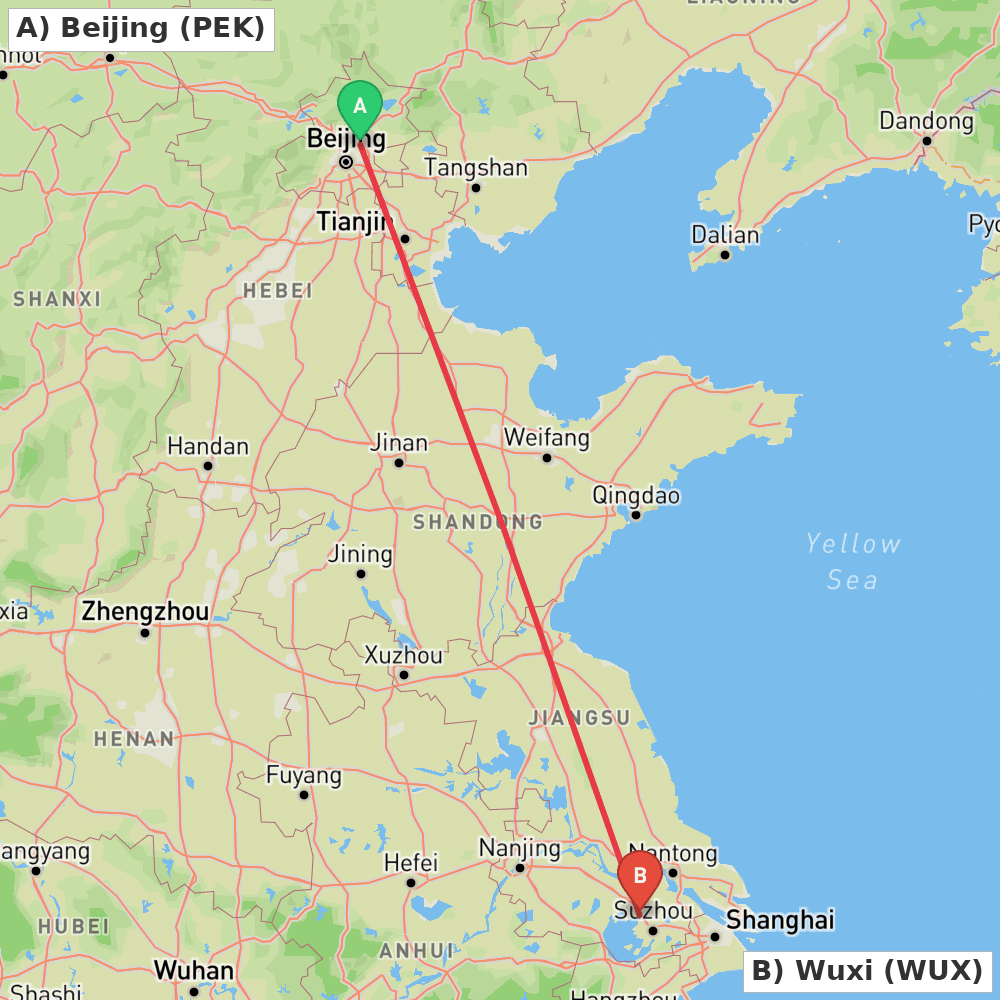 Flight route map from Beijing to Wuxi