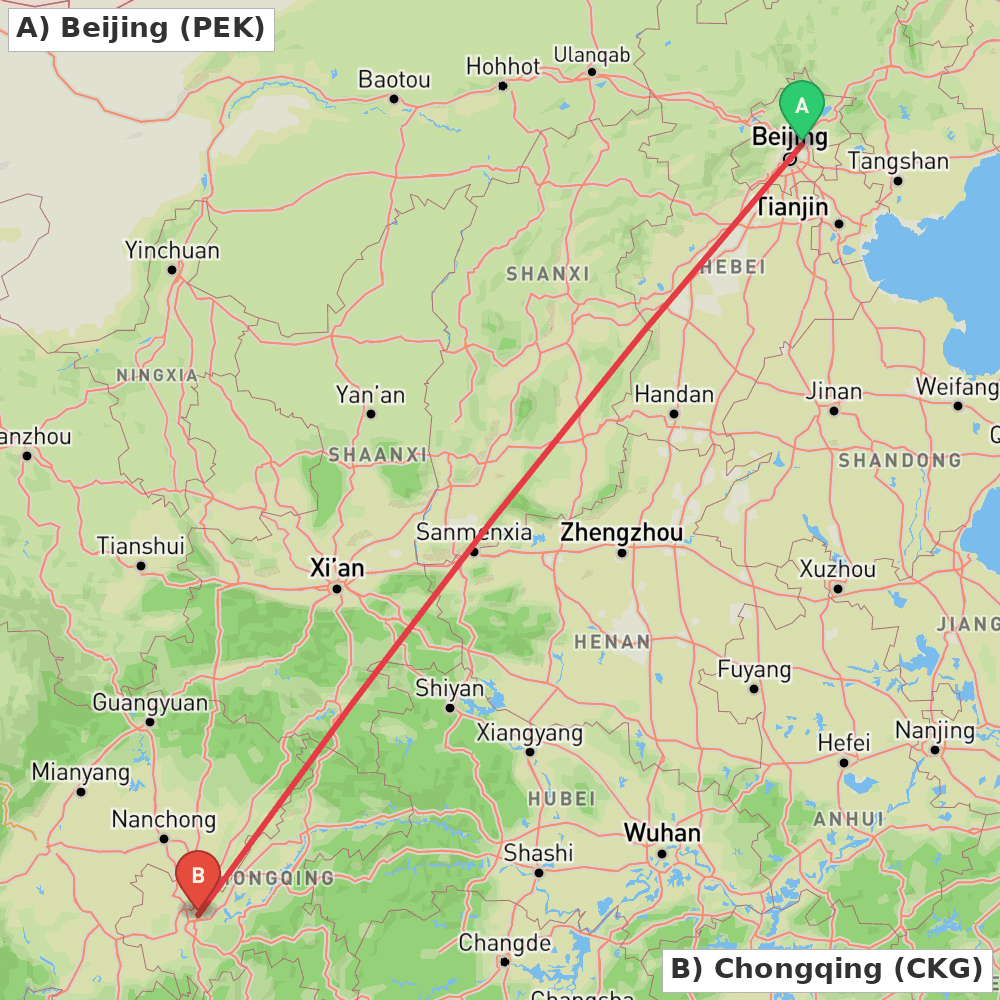 Flight route map from Beijing to Chongqing