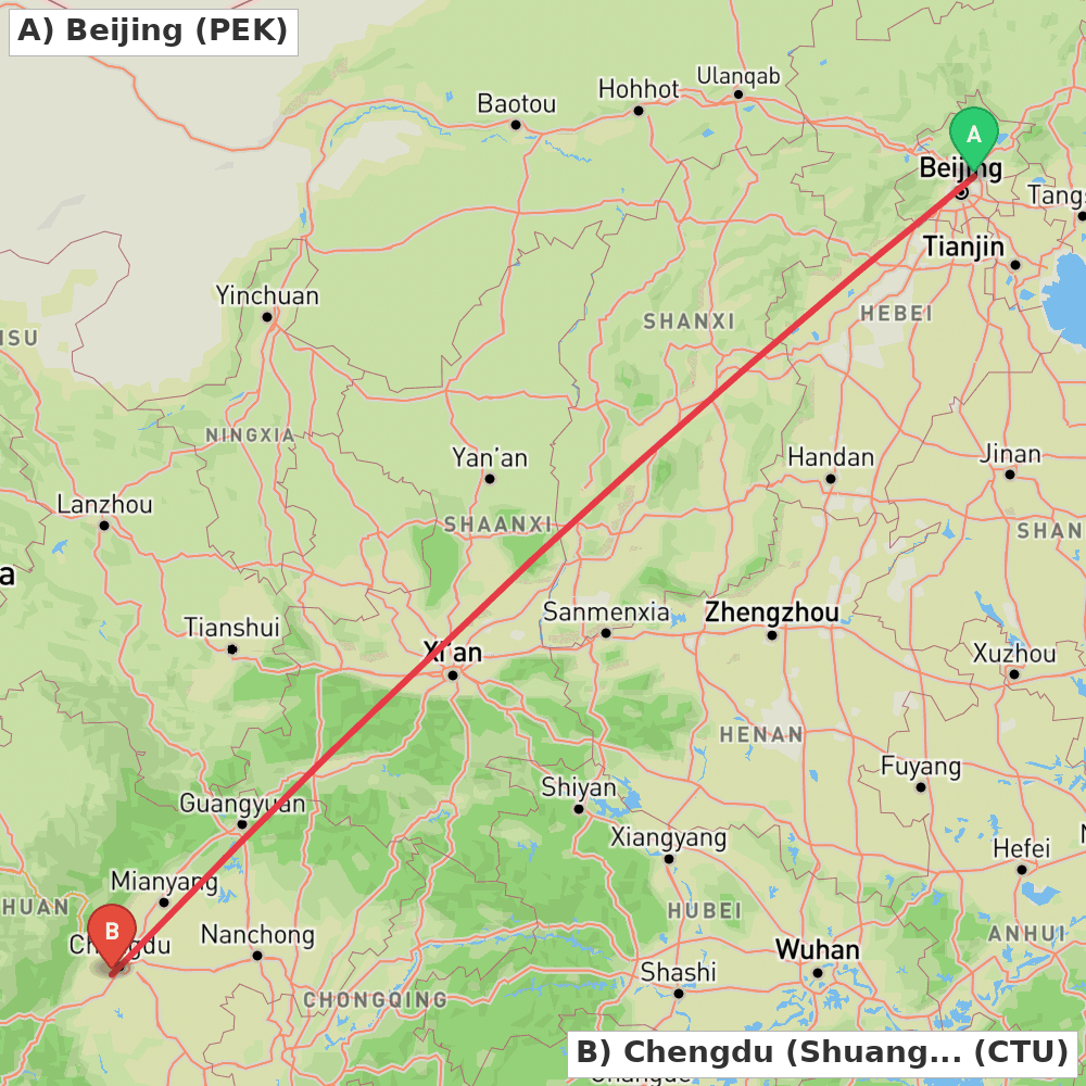 Flight route map from Beijing to Chengdu (Shuangliu)
