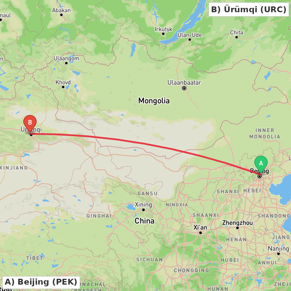 Flight route map from Beijing to Ürümqi