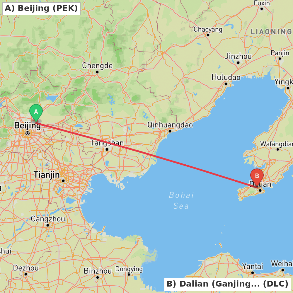Flight route map from Beijing to Dalian (Ganjingzi)