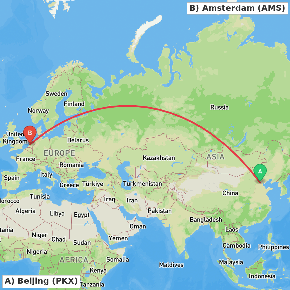Flight route map from Beijing to Amsterdam