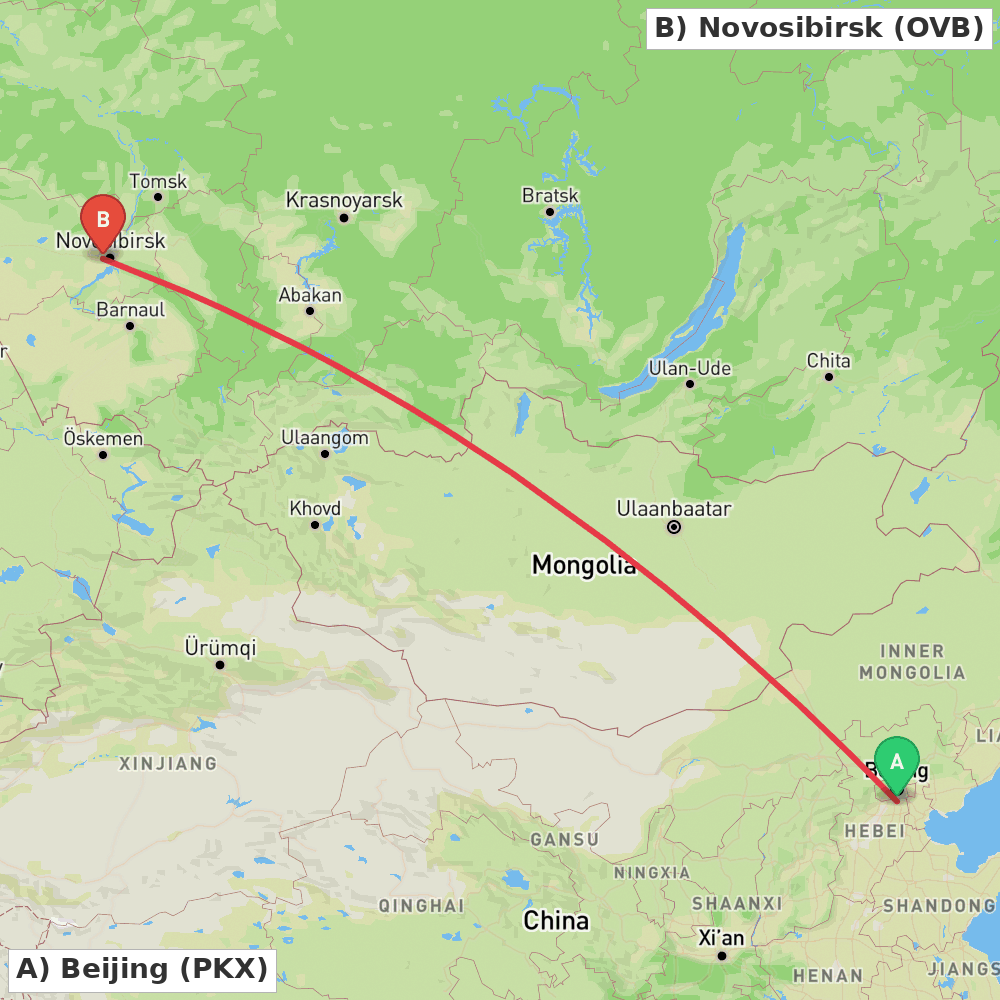 Flight route map from Beijing to Novosibirsk