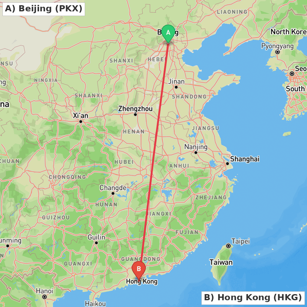 Flight route map from Beijing to Hong Kong