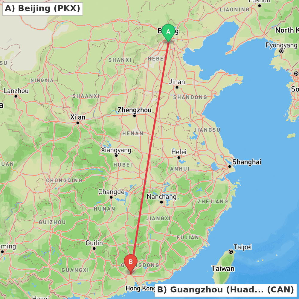 Flight route map from Beijing to Guangzhou (Huadu)