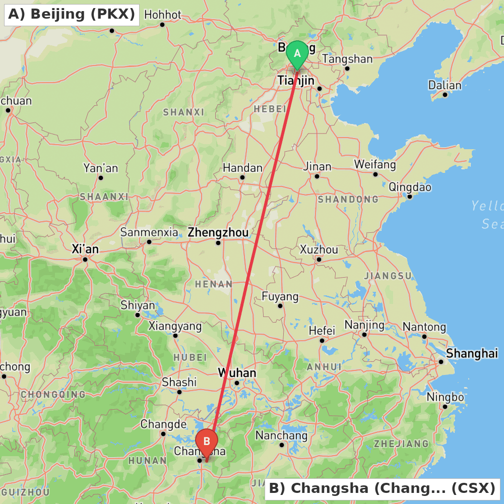 Flight route map from Beijing to Changsha (Changsha)
