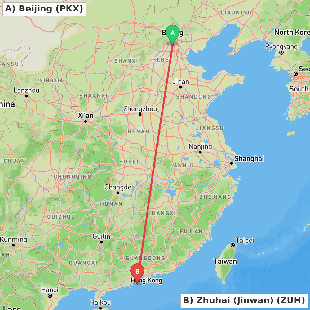 Flight route map from Beijing to Zhuhai (Jinwan)