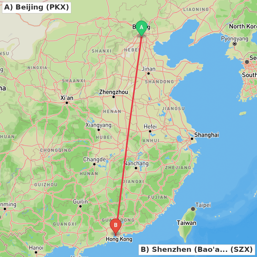 Flight route map from Beijing to Shenzhen (Bao'an)