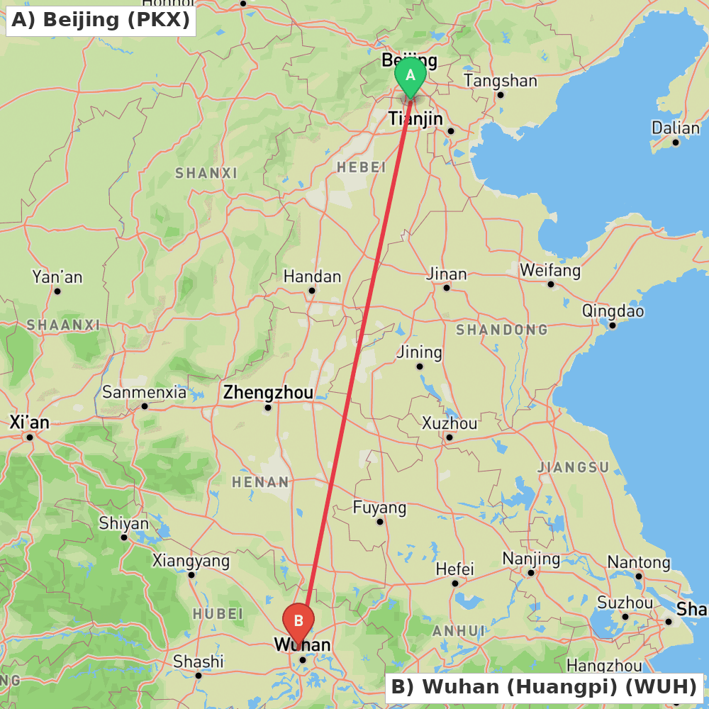 Flight route map from Beijing to Wuhan (Huangpi)