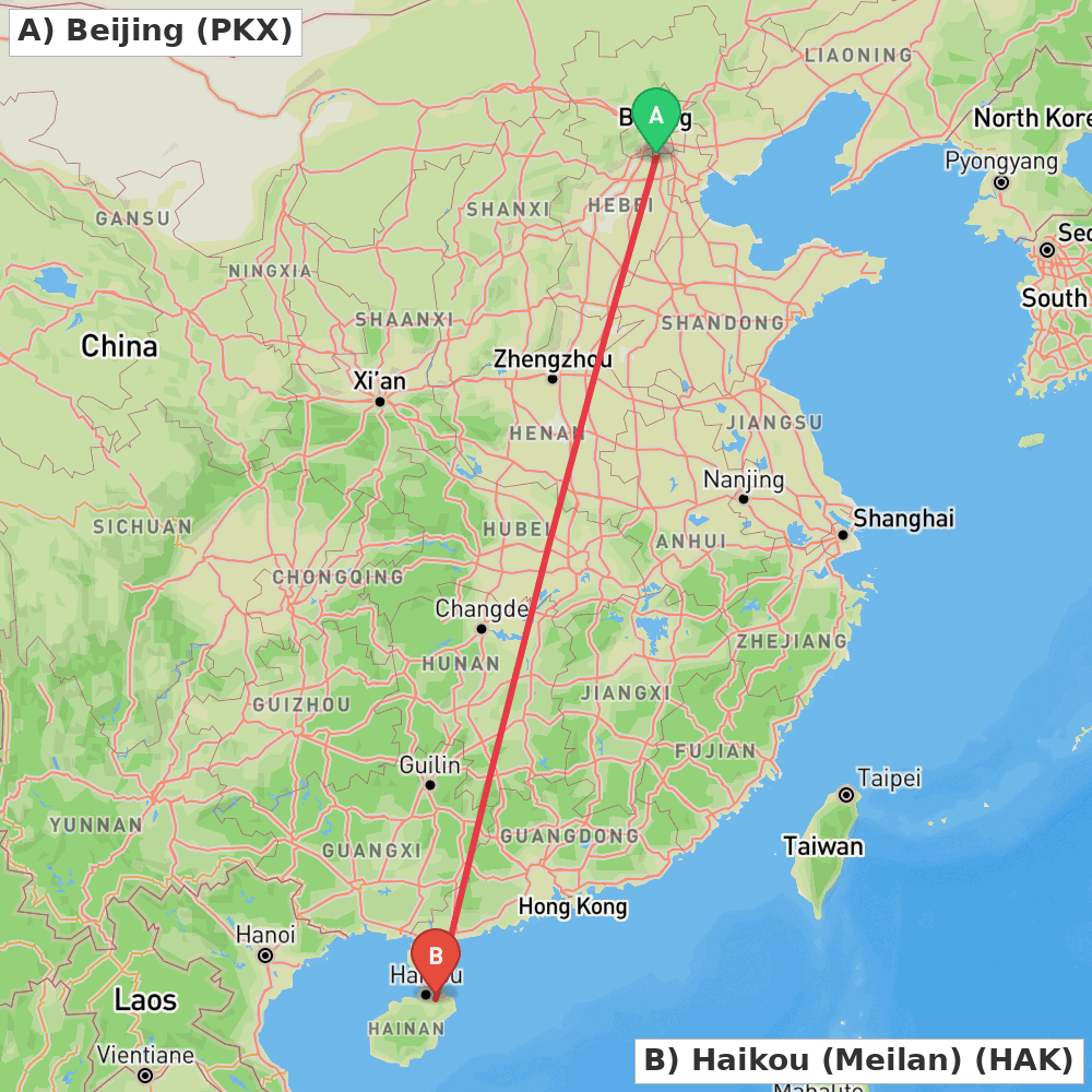 Flight route map from Beijing to Haikou (Meilan)